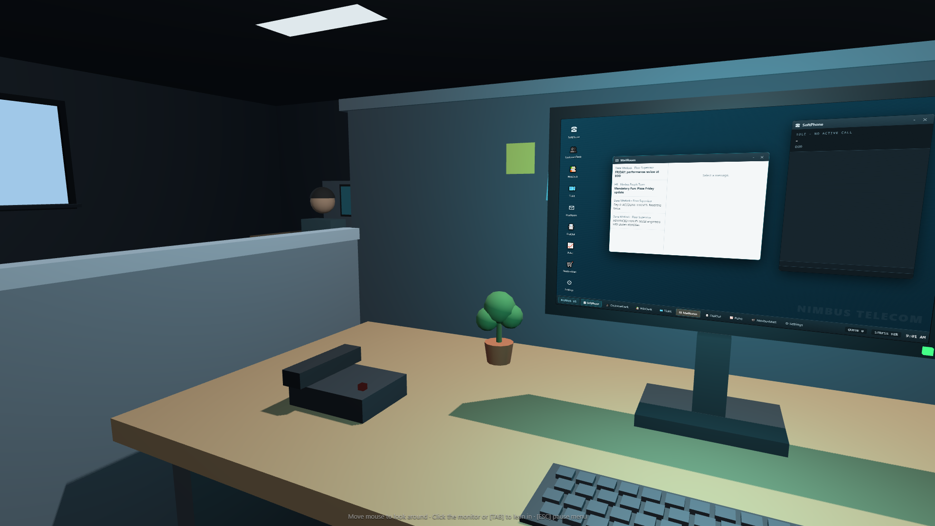 The desk, monitor and office floor in On Hold